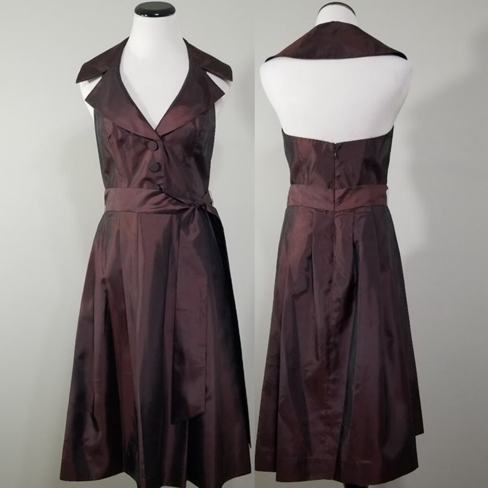 New BCBG Paris Halter Dress 6 Taffeta Shot Satin Red Black Rockabilly Bombshell